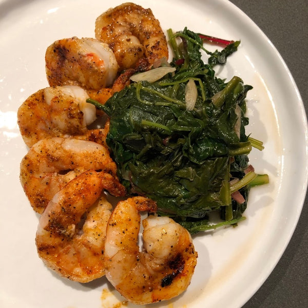 Grilled Cajun Shrimp with Quick Braised Greens